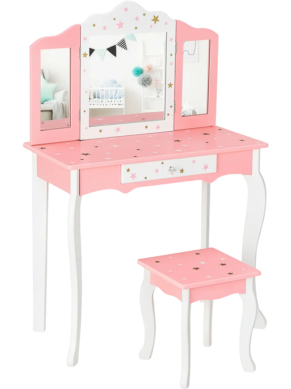 Kids pink vanity table set with tri-folding mirror and stool, featuring star patterns and durable MDF construction.