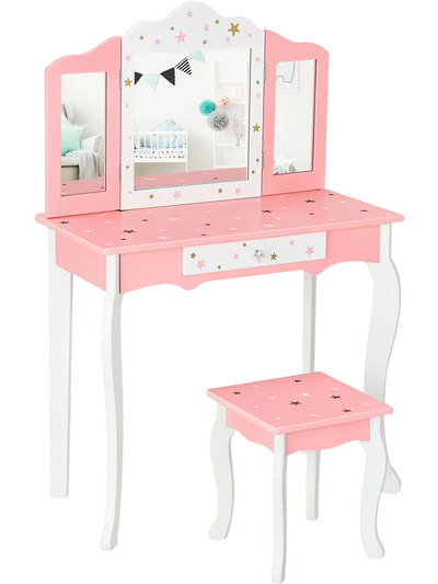 Costway Kids Princess Vanity Table & Stool Set Tri-Fold Mirror Drawer 08634251 New