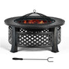 Outdoor fire pit with BBQ grill, high-temp finish, mesh cover, and poker for backyard gatherings and patio use.