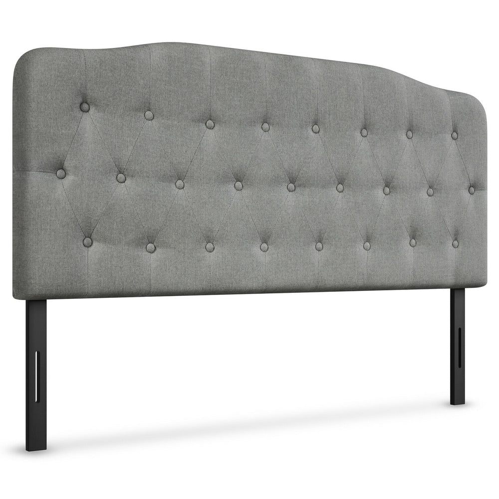 Light gray queen upholstered headboard with button detailing, adjustable heights, and sturdy metal legs for versatile.