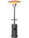 Gray propane outdoor heater with table and wheels, 87" tall, providing 48,000 BTU warmth for patio gatherings.
