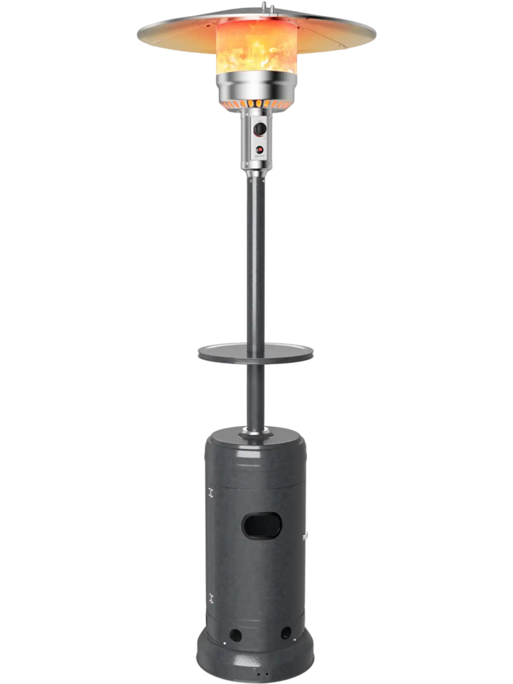 Gray propane outdoor heater with table and wheels, 87" tall, providing 48,000 BTU warmth for patio gatherings.