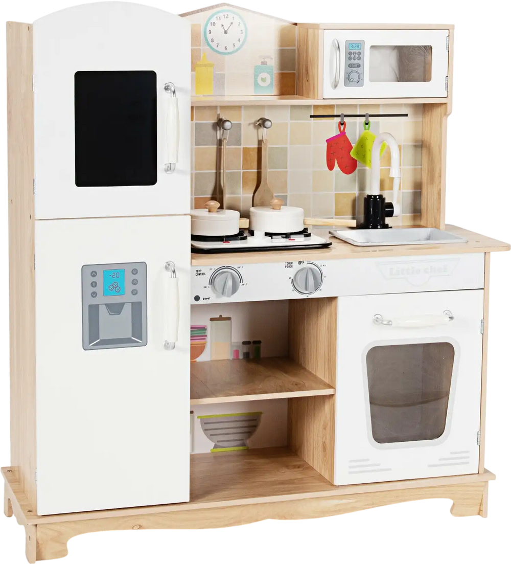 Wooden Kids Pretend Kitchen Playset Cooking Play Toy with Utensils and Sound