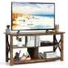 3-tier wood TV stand in brown with open shelves, X-shaped frame, and cable management for living room or bedroom use.