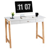 White computer desk with rubberwood legs, featuring a spacious top and large drawer, ideal for home office or vanity.