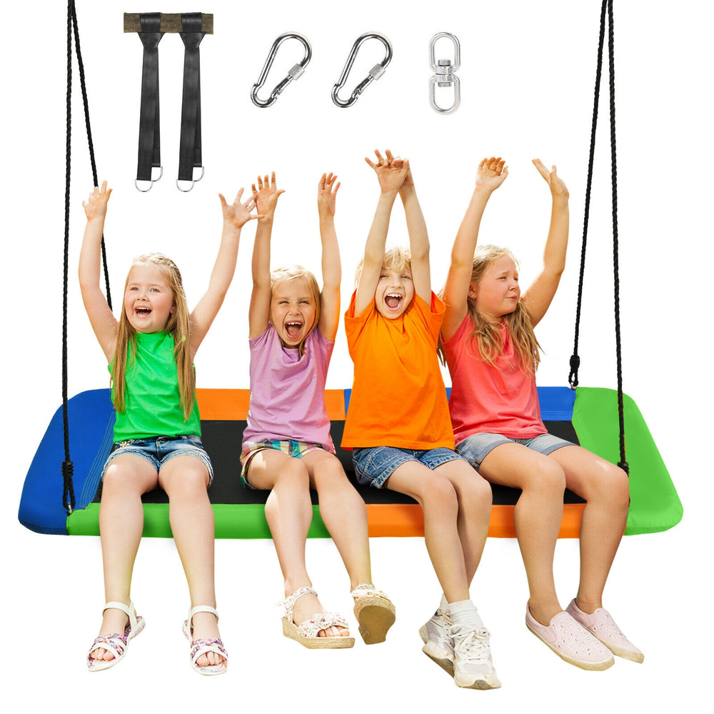 Platform tree swing with kids enjoying, featuring durable oxford cloth and adjustable height for indoor or outdoor fun.