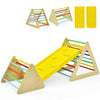 3-in-1 wooden climbing set featuring two triangle climbers and a yellow ramp, ideal for kids' play and motor skill.