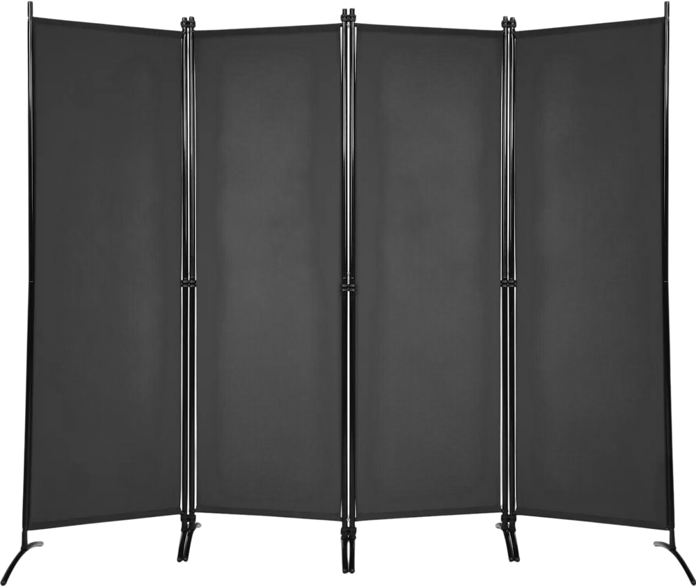 4-panel black room divider with a sturdy steel frame, ideal for creating privacy in indoor and outdoor spaces.