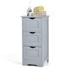 Gray bathroom floor cabinet with three drawers, featuring an elegant design and ideal for compact storage solutions.