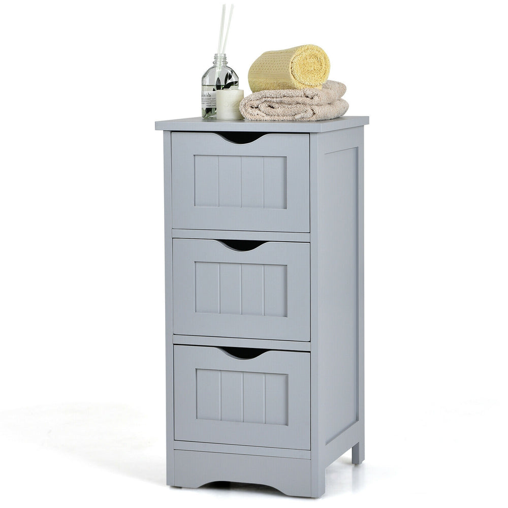 Gray bathroom floor cabinet with three drawers, featuring an elegant design and ideal for compact storage solutions.