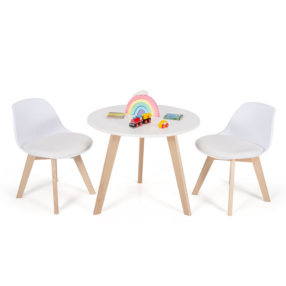 Kids activity play table with two white chairs and beech legs, perfect for safe and comfortable playtime.