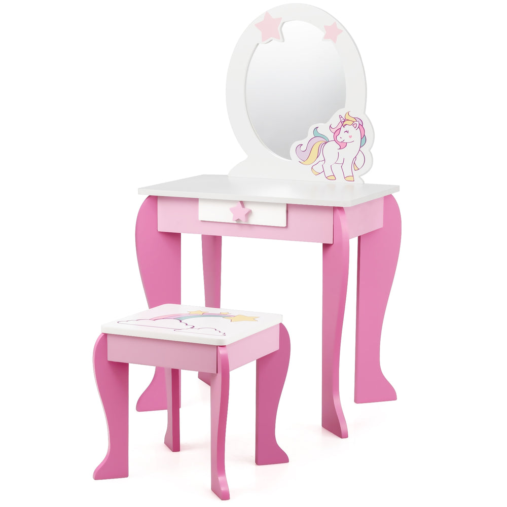 Kids wooden makeup dressing table and chair set in pink with mirror, drawer, and cute unicorn design for playtime fun.