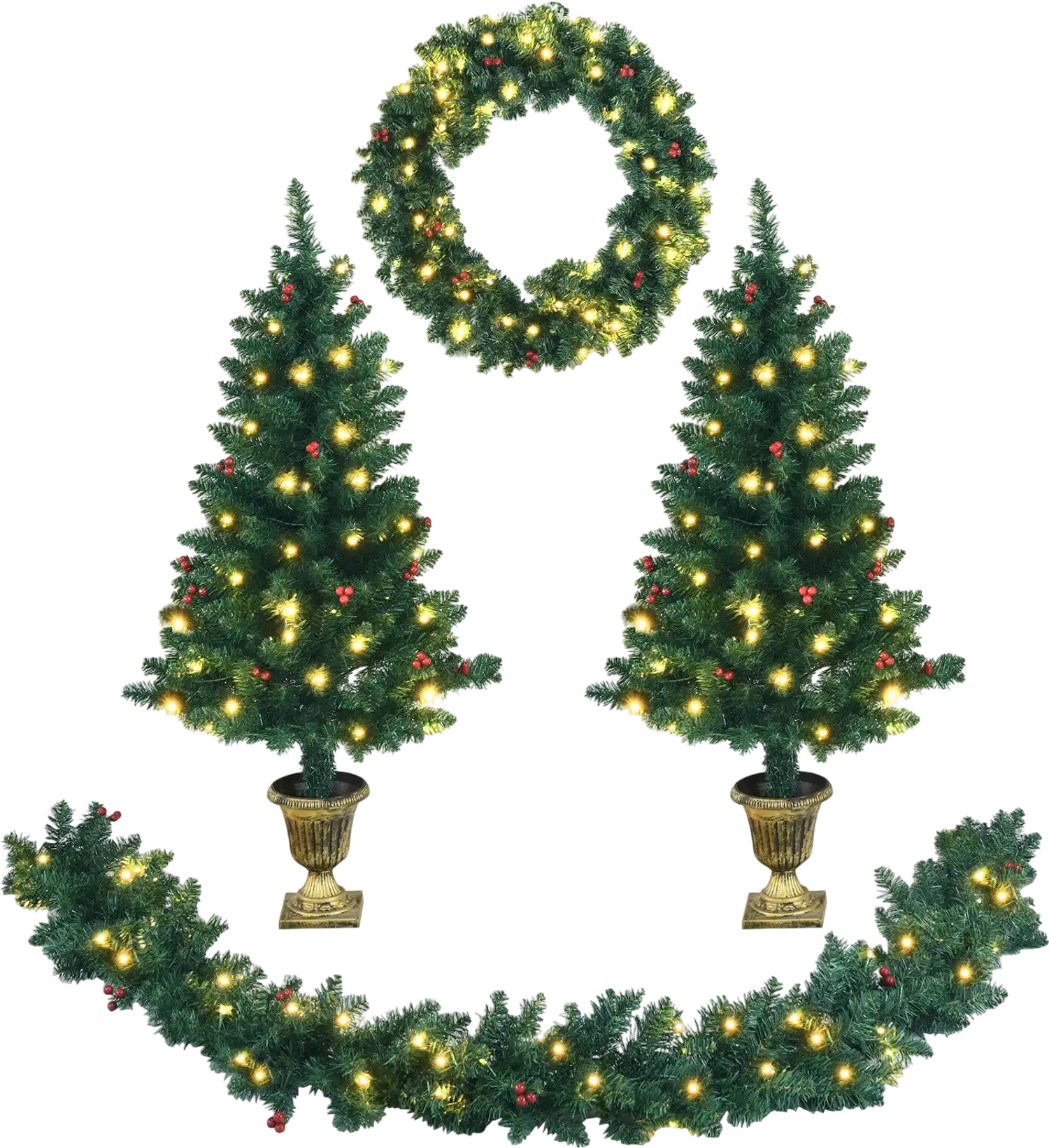 Costway 4-Pc Pre-Lit Christmas Decoration Set Garland Wreath Entrance Trees 34659078 New