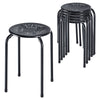 Black stackable round metal stools with daisy pattern, set of 6, ideal for indoor and outdoor use.