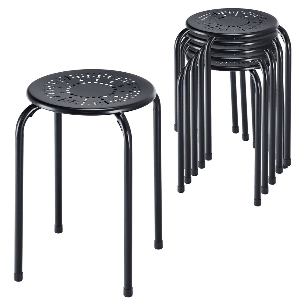 Black stackable round metal stools with daisy pattern, set of 6, ideal for indoor and outdoor use.