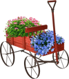 Wooden wagon plant bed in red with flowers, featuring two planting sections and four wheels for easy movement in the.