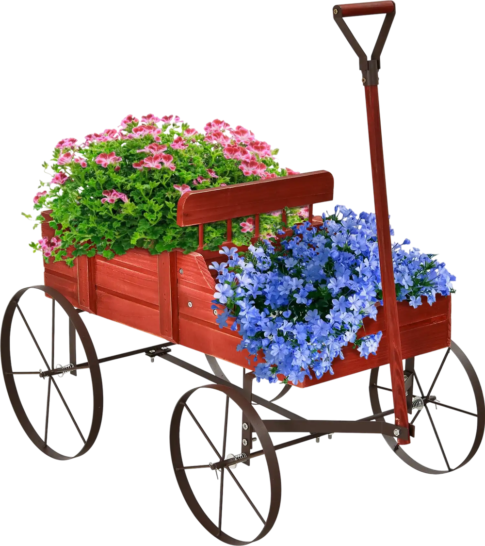 Wooden wagon plant bed in red with flowers, featuring two planting sections and four wheels for easy movement in the.