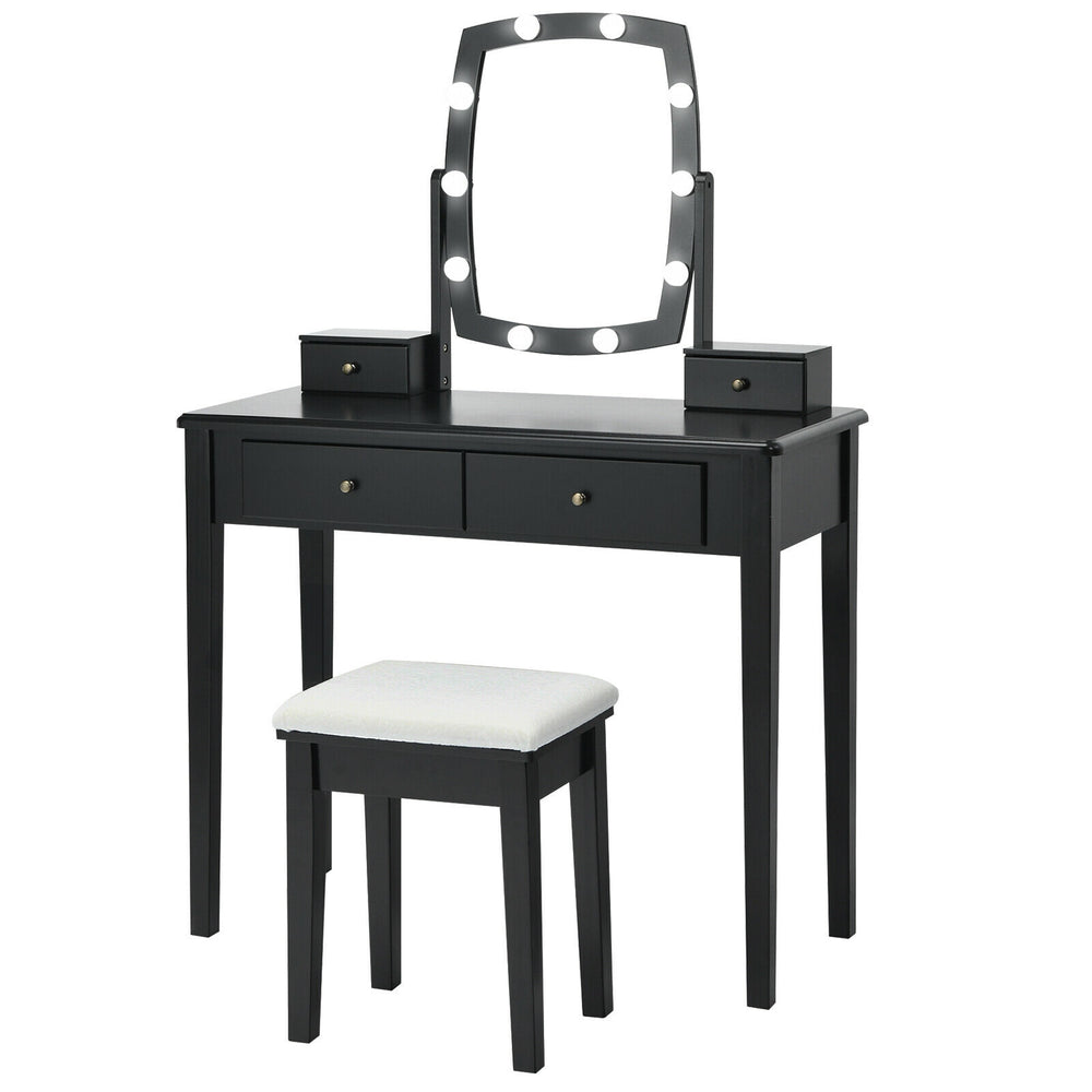 Black vanity table set with lighted mirror, featuring 10 dimmable bulbs and ample storage, perfect for bedroom or.