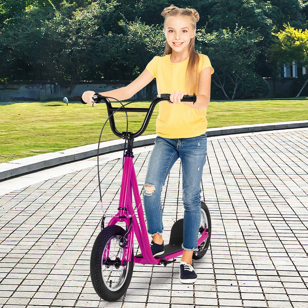 Height adjustable pink kick scooter for kids with 12" air filled wheels, suitable for users over 8 years old.