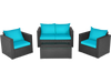 4-piece patio rattan furniture set with turquoise cushions, featuring a coffee table with tempered glass for outdoor.