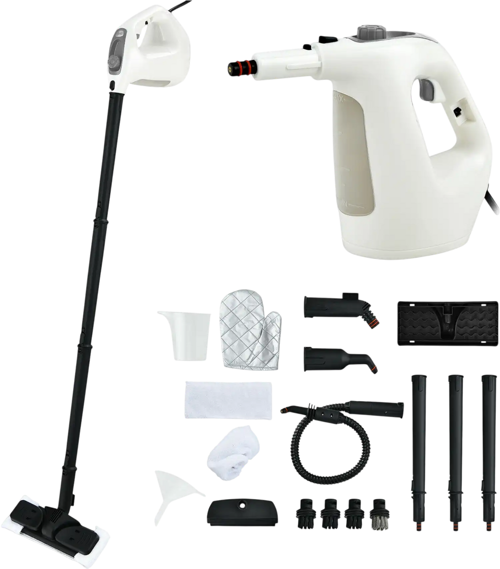 Multipurpose 1400W pressurized steam cleaner with 17 accessories, ideal for chemical-free cleaning in various rooms.