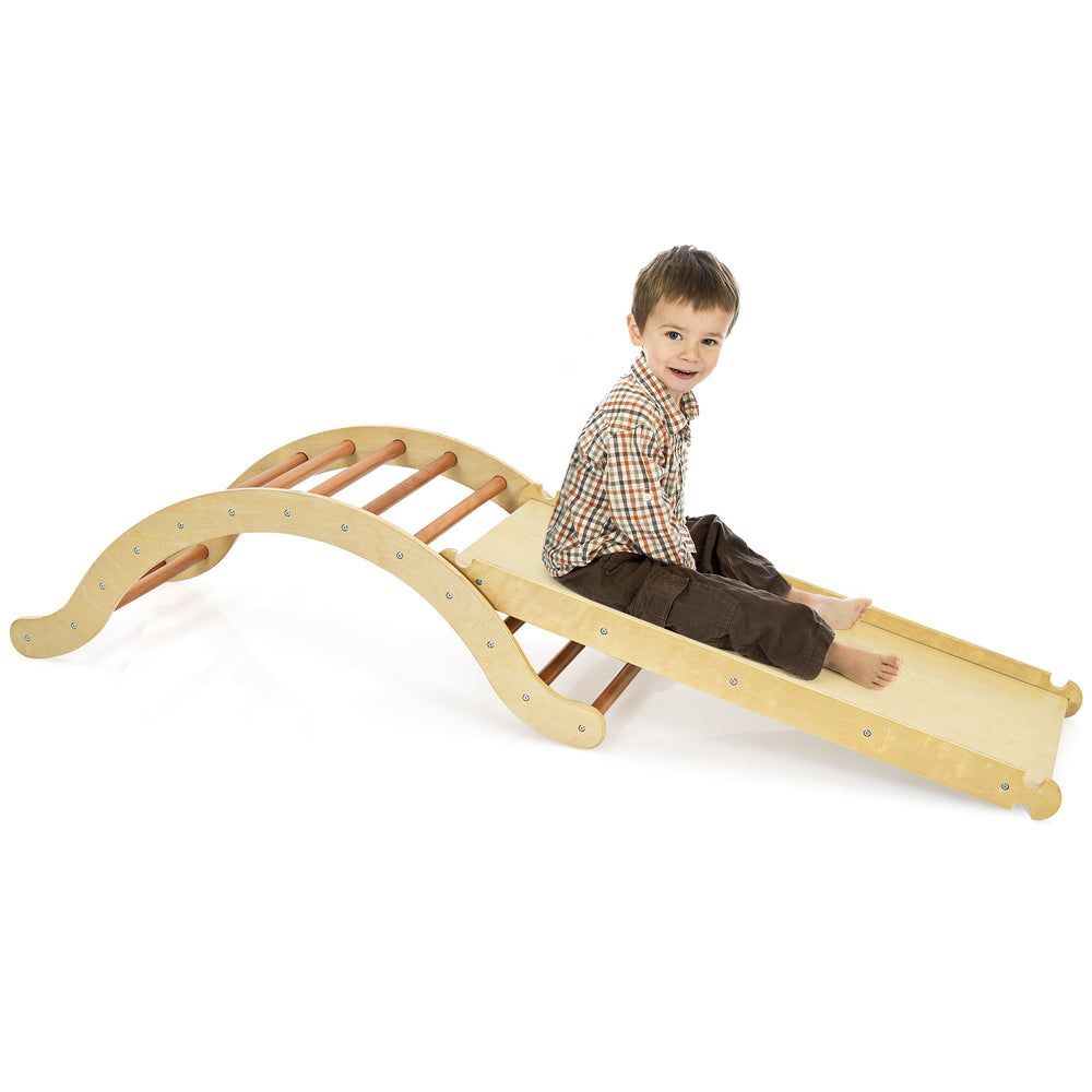 Kids wooden arch triangle rocker climber set with ramp, promoting balance and imagination, perfect for indoor and.