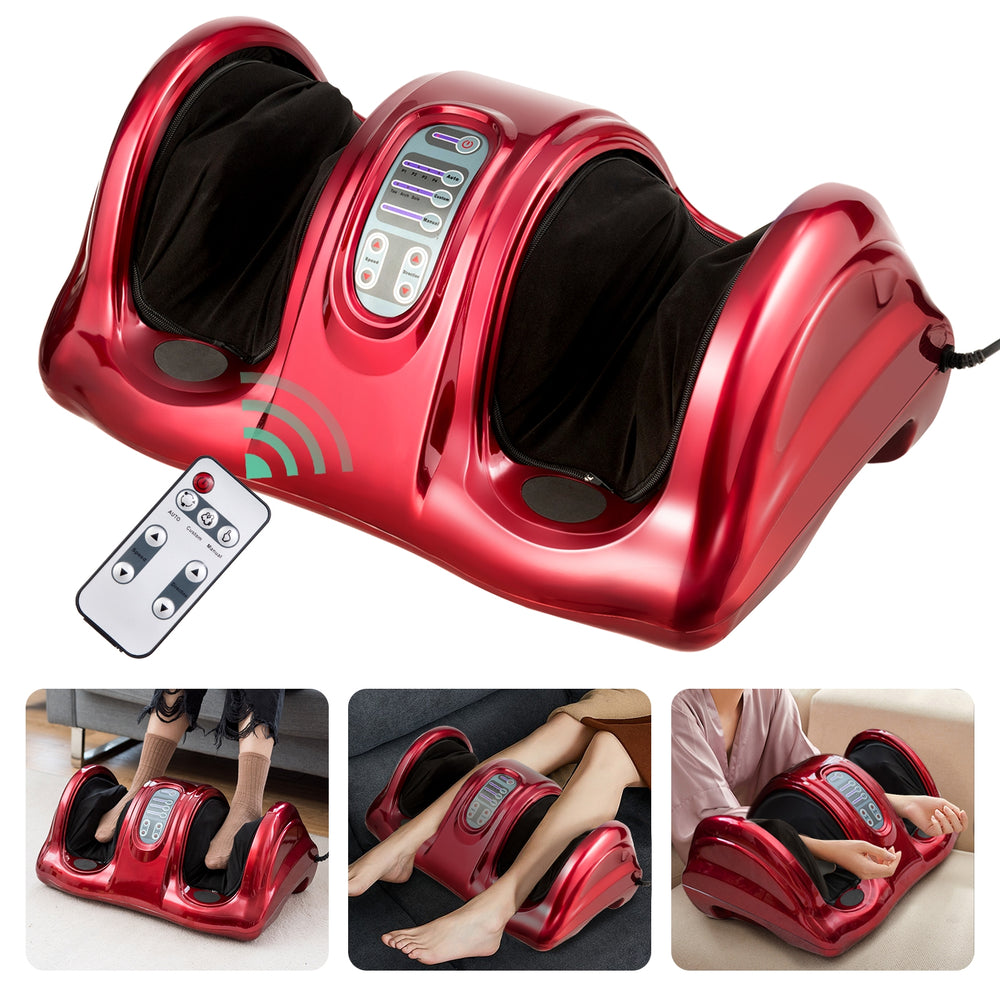 Therapeutic Shiatsu foot massager in red with remote, featuring removable sleeves and adjustable settings for comfort.