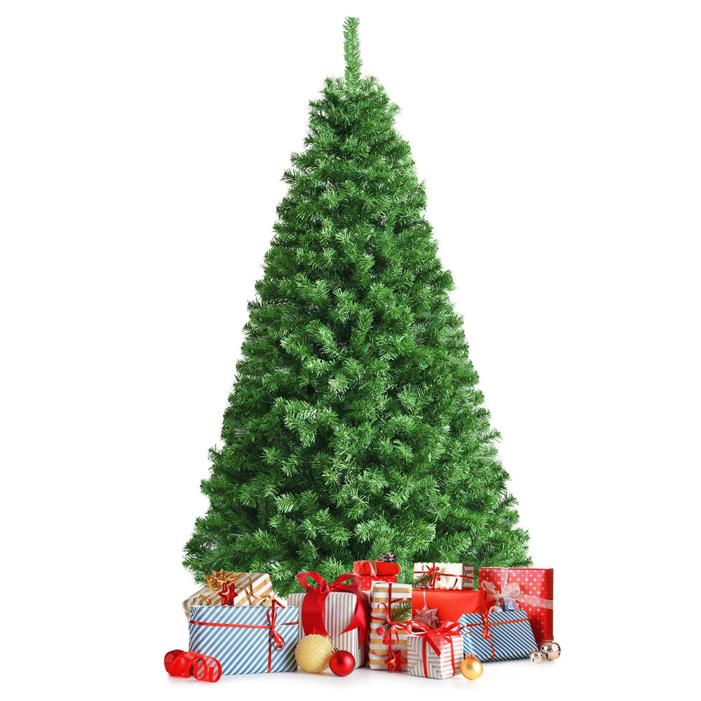 6-foot pre-lit fiber optic artificial Christmas tree with 617 branch tips, surrounded by colorful wrapped gifts for.