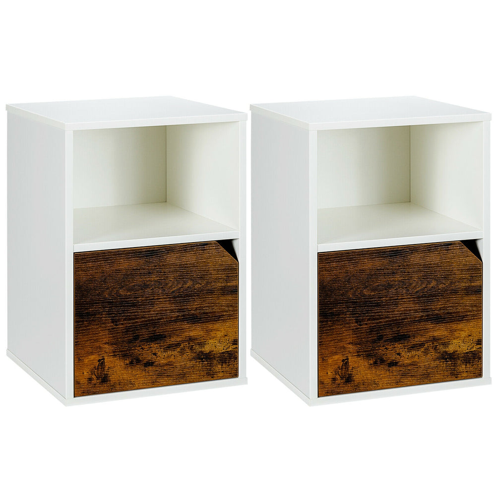 Set of 2 white nightstands with open shelves and cabinets, offering stylish storage for bedroom or living room.