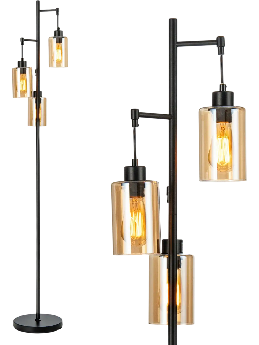 Retro Floor Lamp with 3-Head Hanging Amber Glass Shade