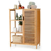 Bamboo bathroom storage cabinet with single louvered door and three shelves for organizing supplies in a compact design.