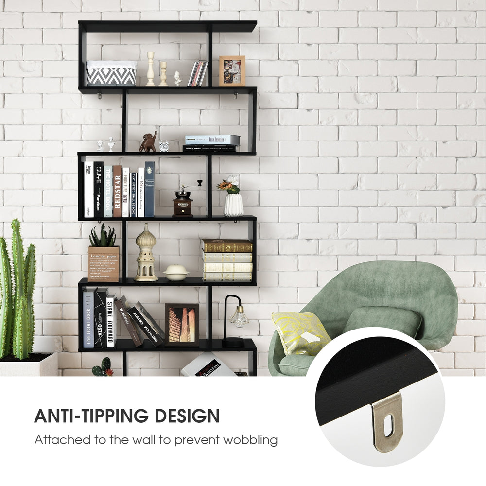 6-tier S-shaped black bookshelf with spacious compartments and anti-tipping design, perfect for modern home decor.