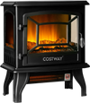 Freestanding black electric fireplace heater with realistic flame effect, adjustable thermostat, and portable design.