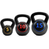 Three kettlebells weighing 5, 10, and 15 lbs, featuring comfortable grips for effective strength training.
