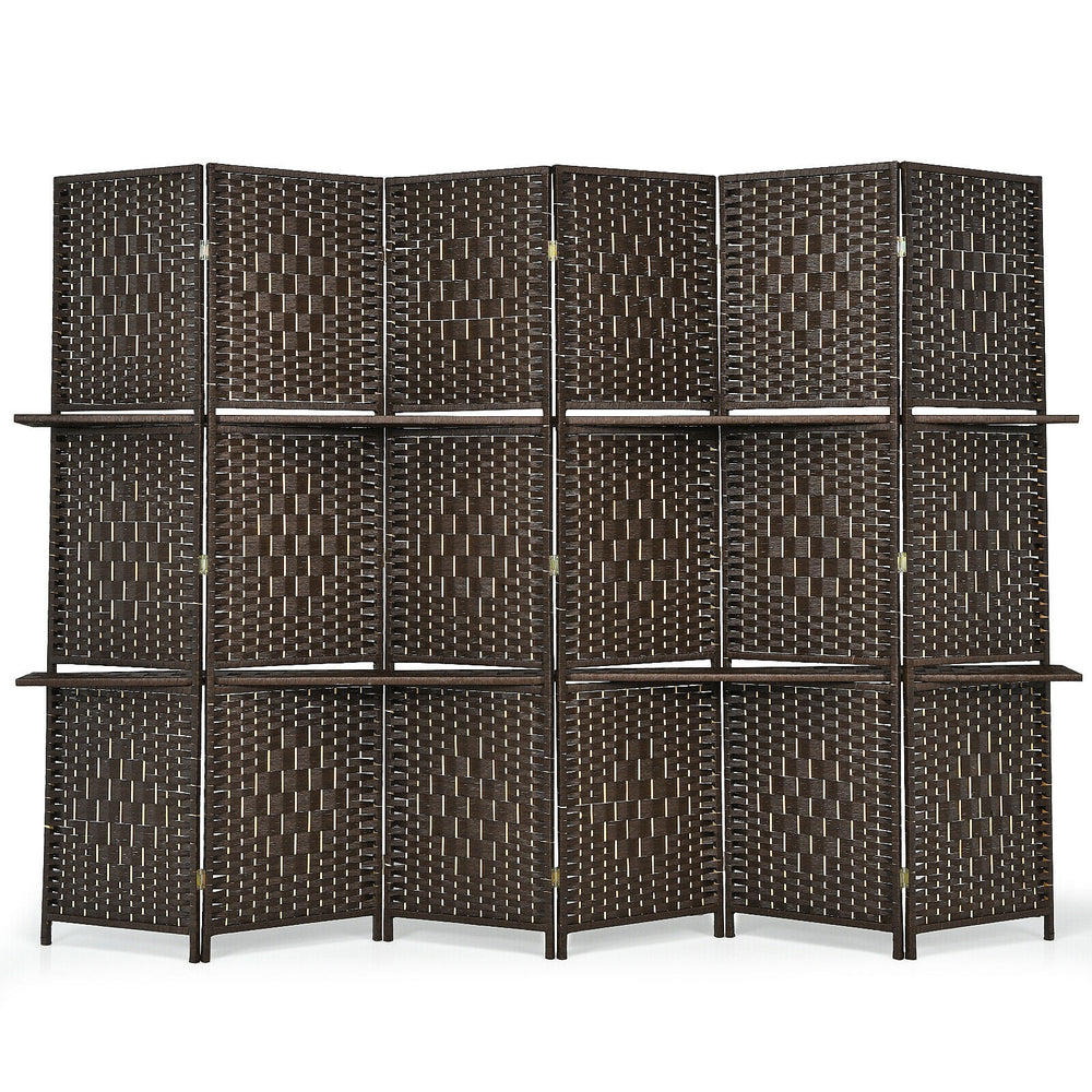 6-panel brown room divider with hand-woven fiber and 2 display shelves, perfect for creating private spaces.
