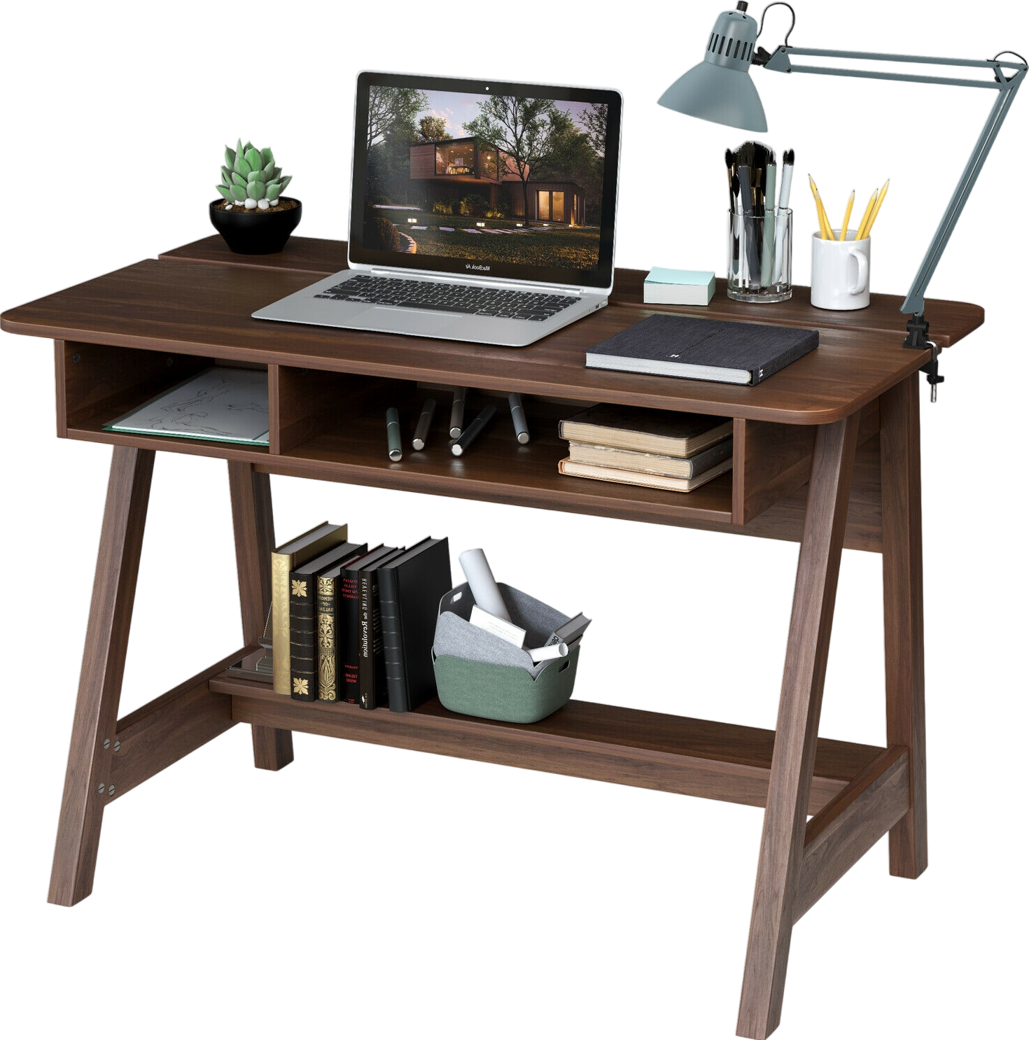 Costway Mid Century Writing Desk with Storage Cubes and Hidden Compartment New