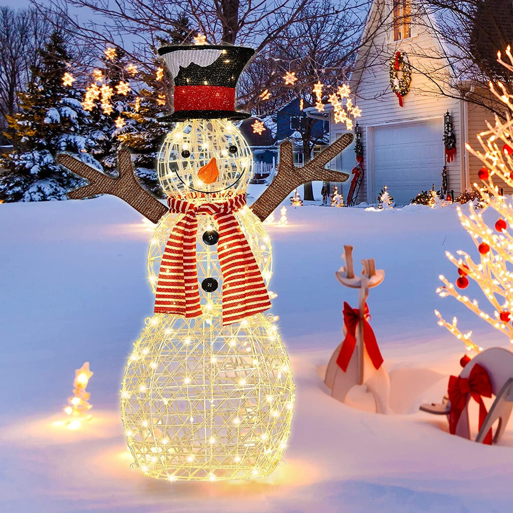 Lighted snowman decoration with 80 warm LED lights, waterproof tinsel, and anti-rust frame for festive indoor/outdoor.
