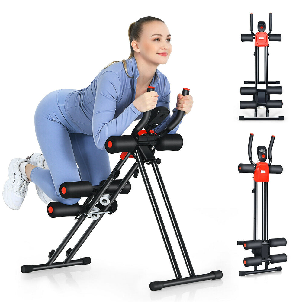 Foldable adjustable core abdominal trainer with LCD display, featuring padded handrails and three resistance levels for.