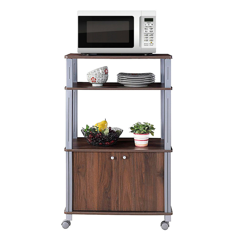 Microwave rack stand in walnut finish with 3 shelves and 2-door cabinet, ideal for kitchen storage and organization.