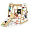 Wooden 8-in-1 indoor playground climbing gym with slide, climbing holds, and chalkboard for children’s active play.