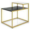 2-tier end side table with a black and white marble top, gold metal frame, and adjustable foot pads for stability.