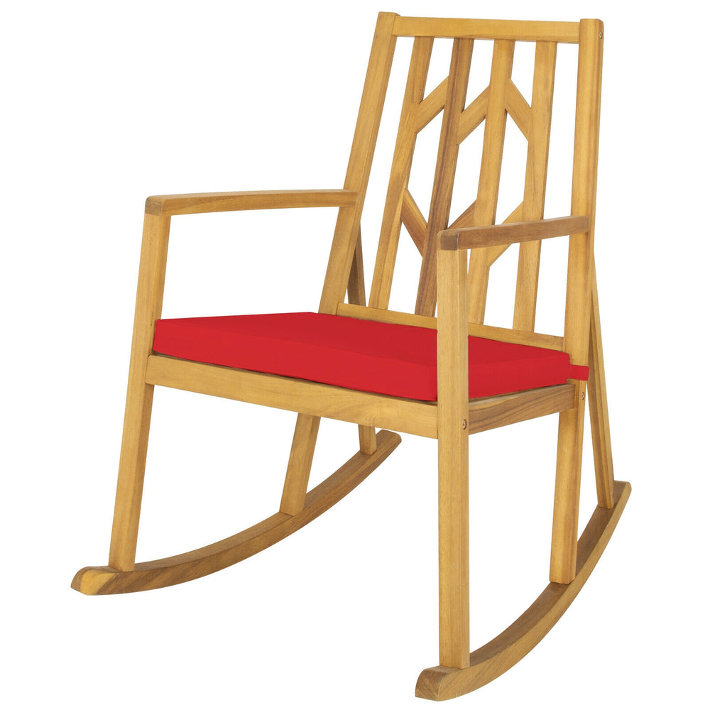 Acacia wood rocking chair with red cushion, featuring a sturdy design and comfortable armrests for outdoor relaxation.