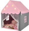 Kids playhouse tent in pink with star lights, soft mat, and mesh windows for a cozy play space for up to 4 kids.