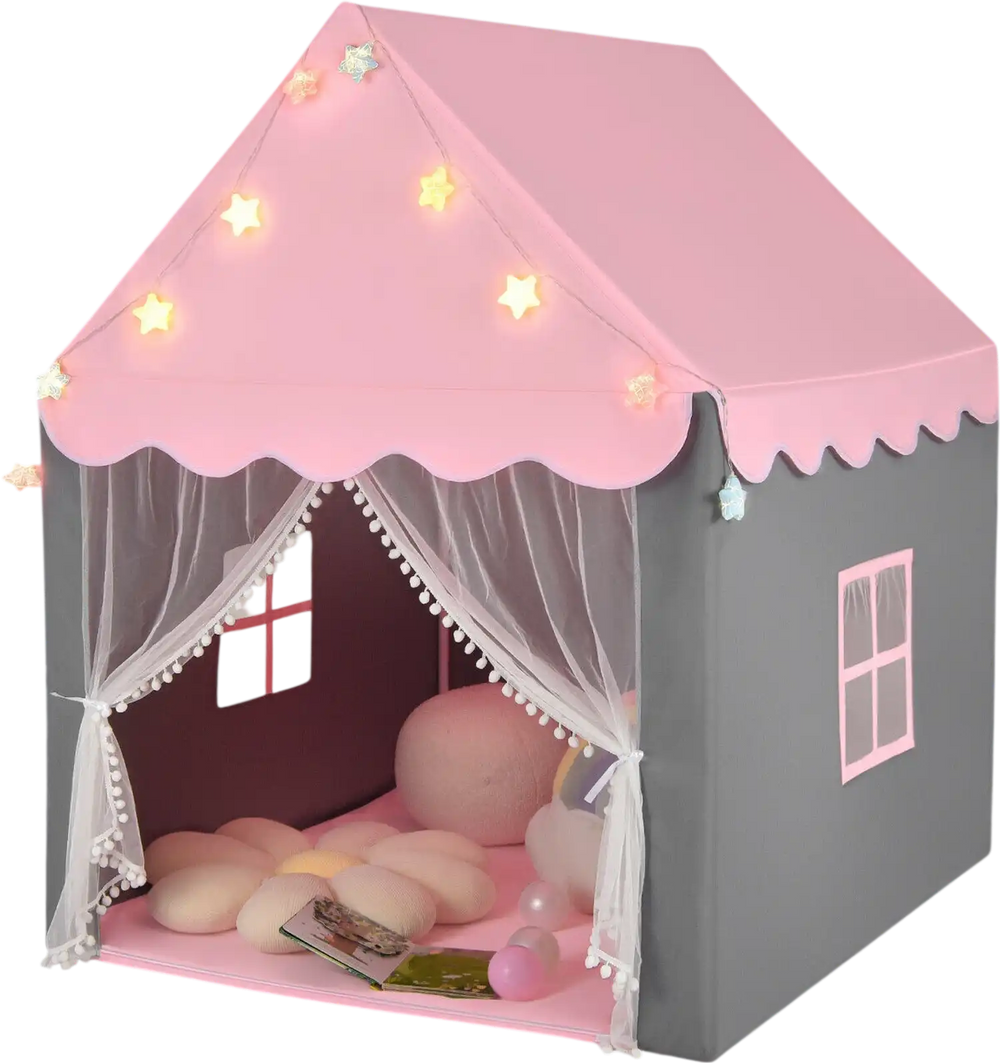Kids playhouse tent in pink with star lights, soft mat, and mesh windows for a cozy play space for up to 4 kids.
