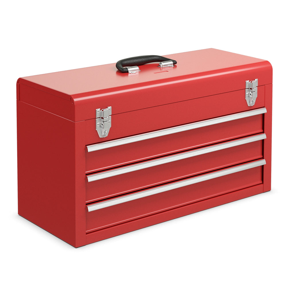 Red portable garage mechanic tool cabinet box with three drawers and easy grip handle for convenient tool storage.