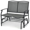 Gray iron patio rocking chair with a durable metal frame, suitable for two people, perfect for outdoor relaxation.