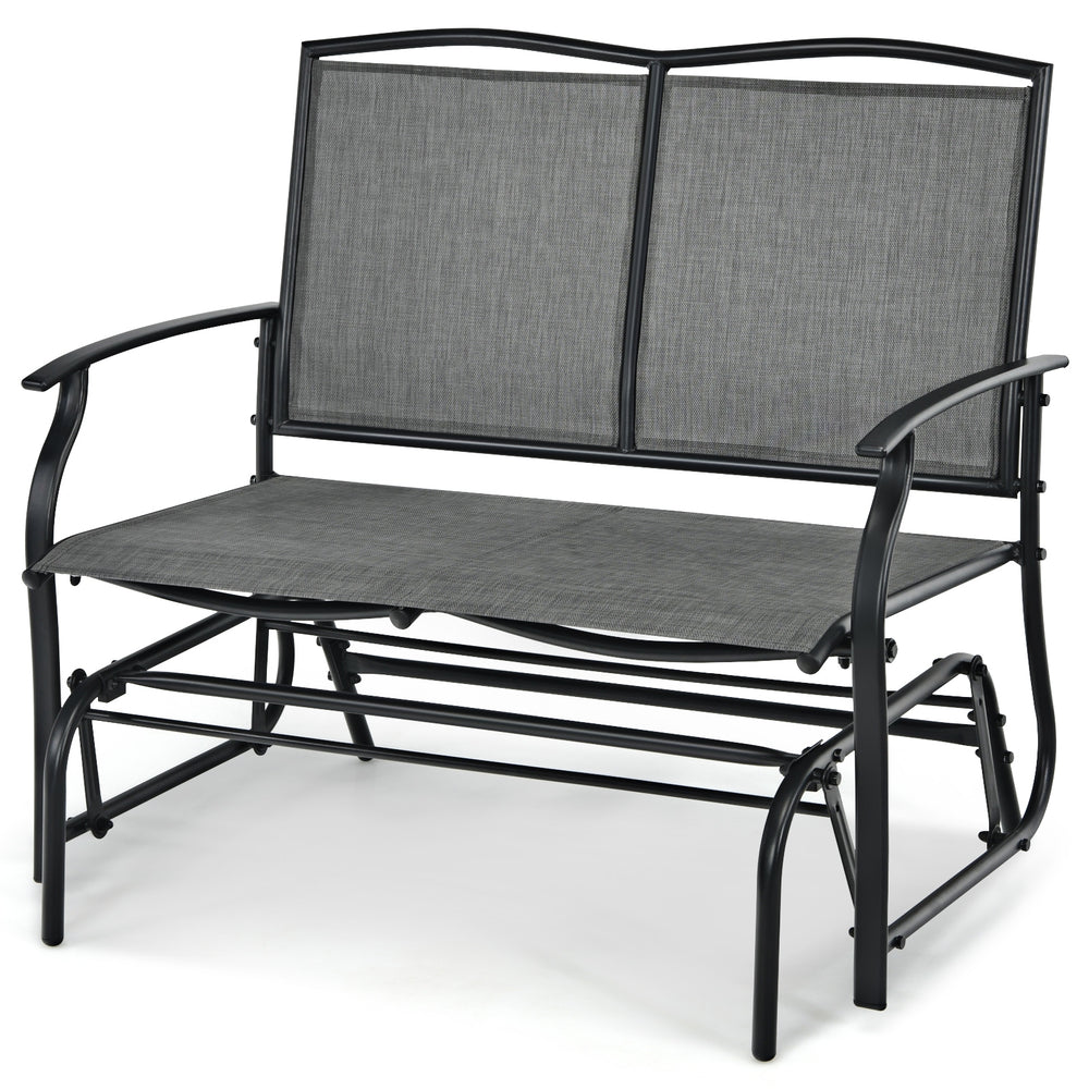 Gray iron patio rocking chair with a durable metal frame, suitable for two people, perfect for outdoor relaxation.