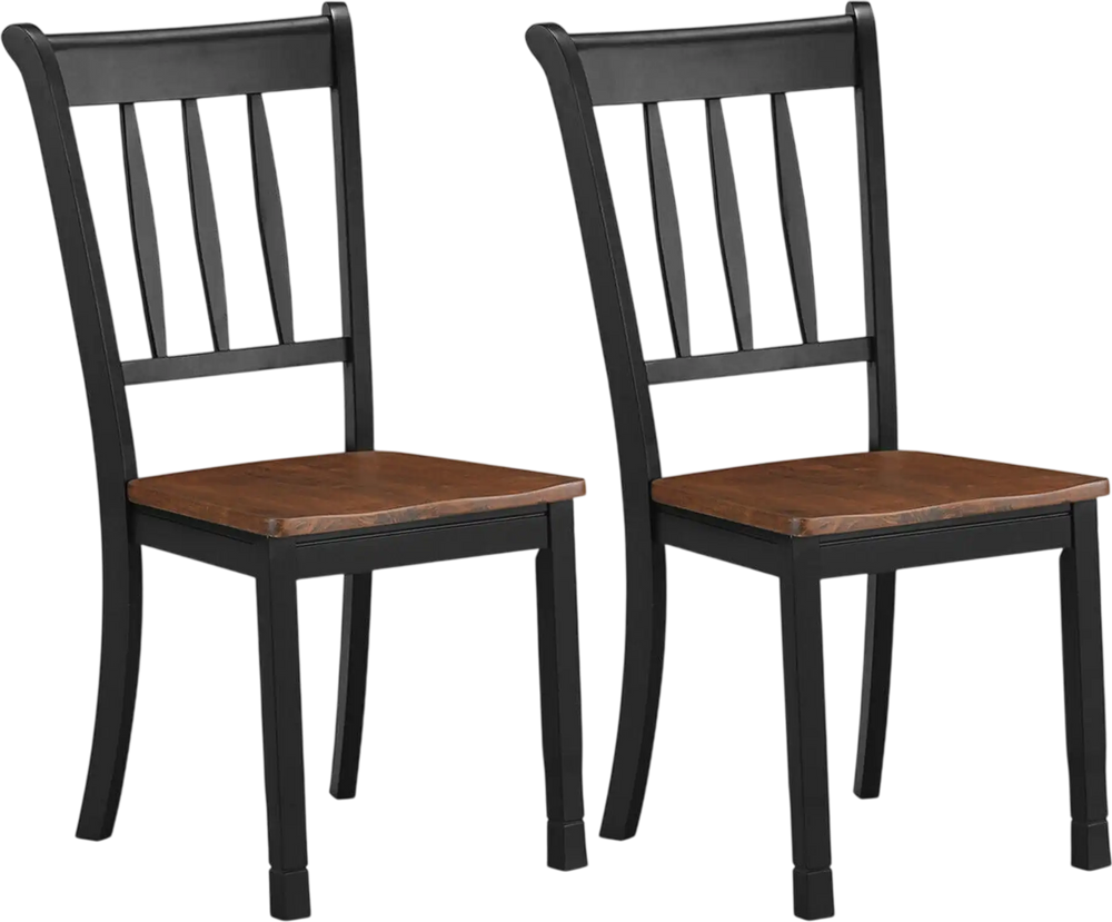 Set of 2 solid black spindle back dining chairs with rubber wood seats, perfect for dining rooms and kitchens.