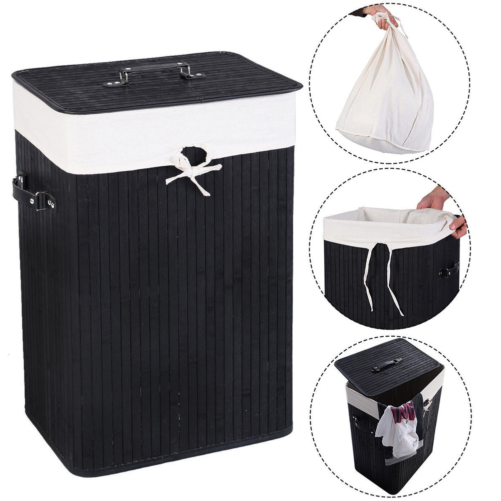 Rectangle black bamboo laundry hamper with lid, large 19 Gal capacity, detachable cotton inner pocket for easy.