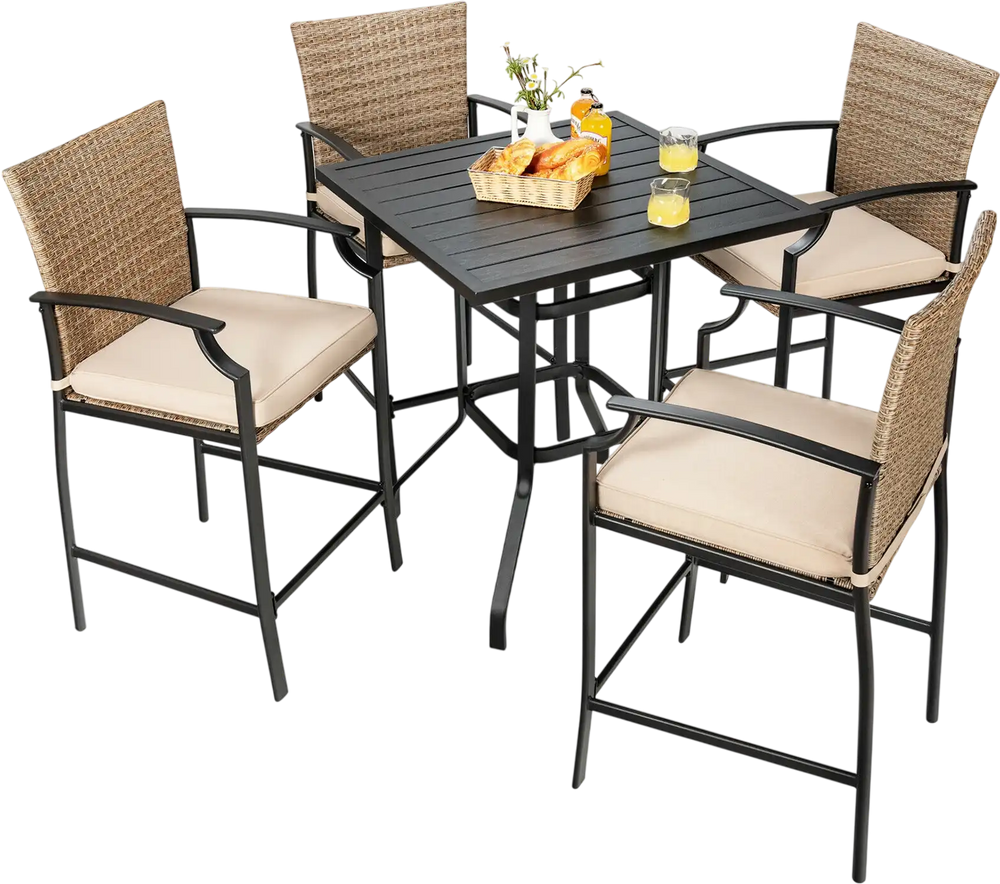 5 Pieces Outdoor Rattan Bistro Bar Stool Table Set with Cushions